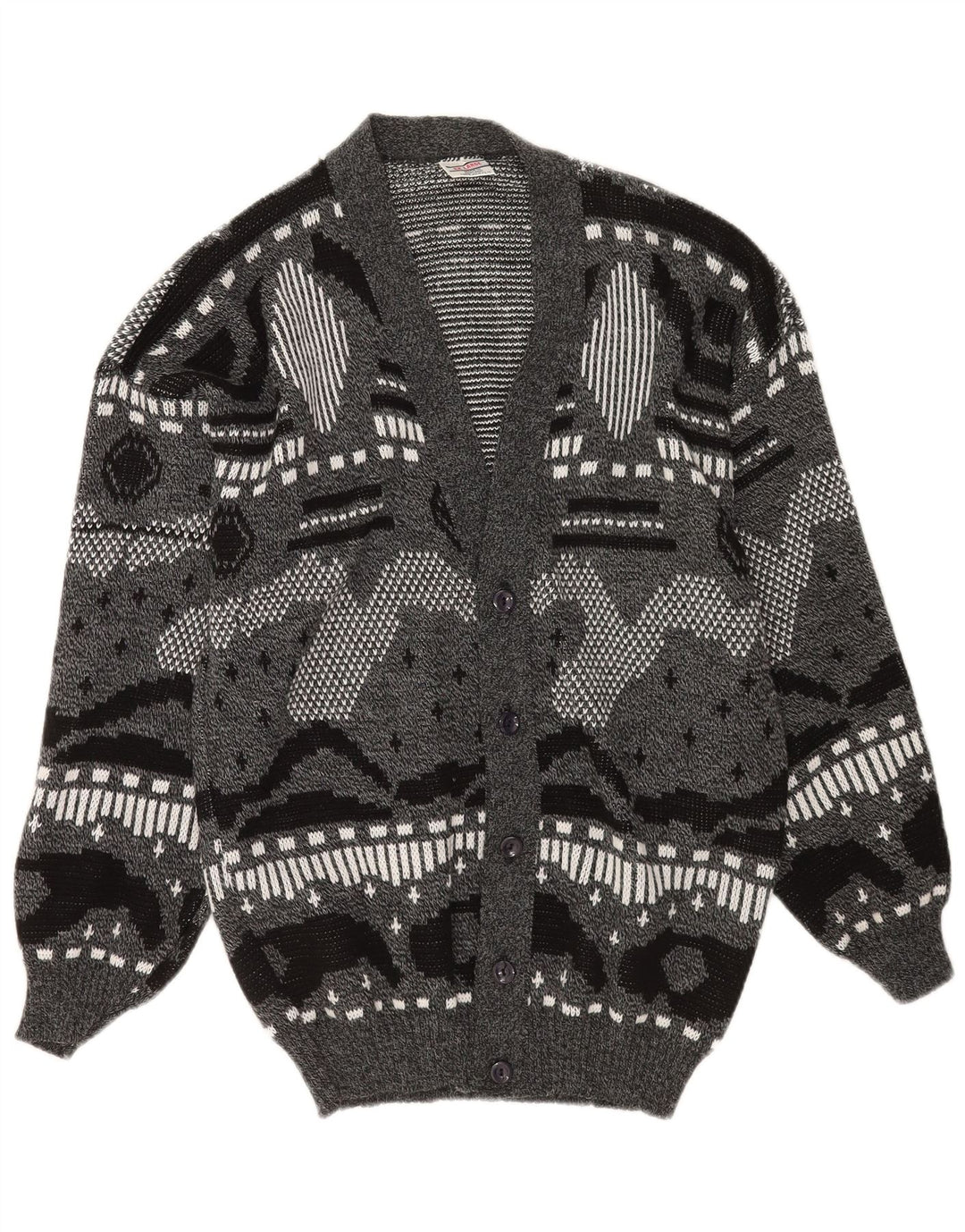 Vintage Mens Cardigan Sweater XL Grey Geometric Acrylic