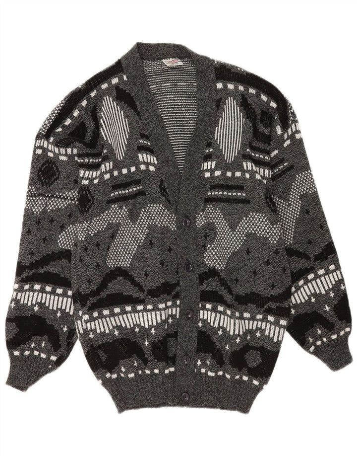Vintage Mens Cardigan Sweater XL Grey Geometric Acrylic