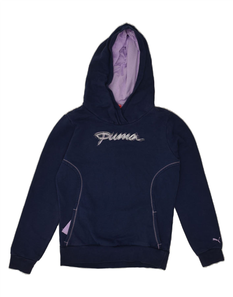 PUMA Girls Graphic Hoodie Jumper 13-14 Years XL Navy Blue Cotton | Vintage Puma | Thrift | Second-Hand Puma | Used Clothing | Messina Hembry 