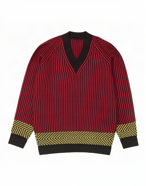 Vintage Womens V-Neck Jumper Sweater UK 12 Medium Red Striped