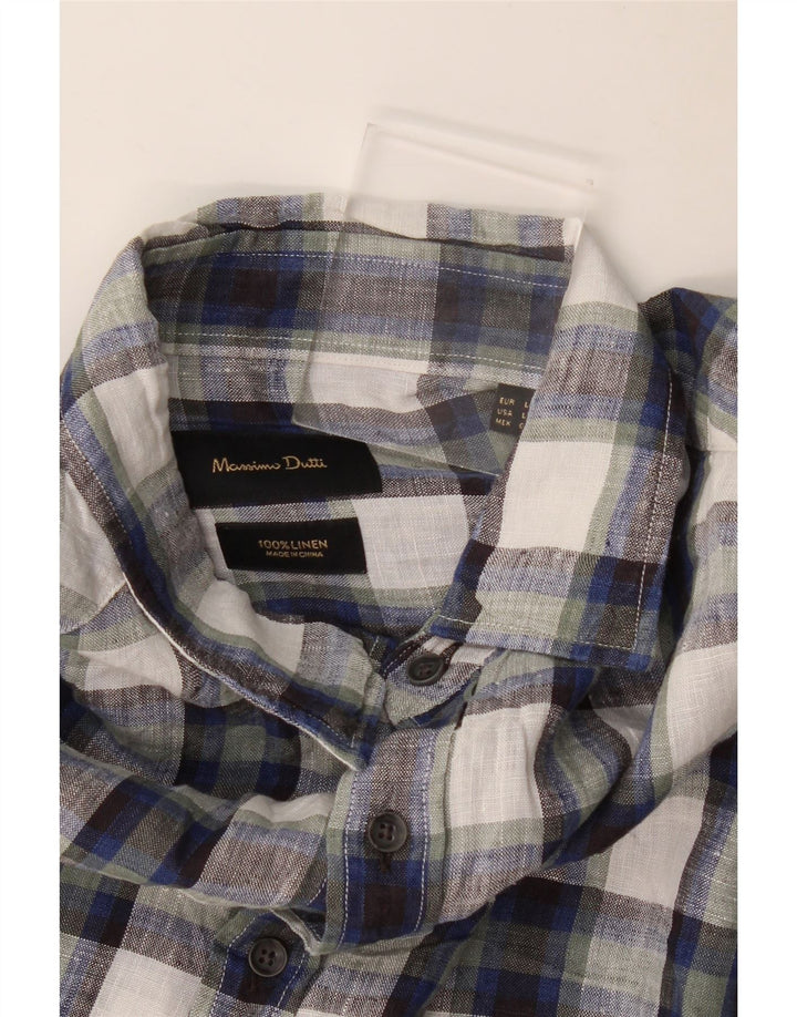Massimo Dutti Mens Shirt Large Navy Blue Check Linen