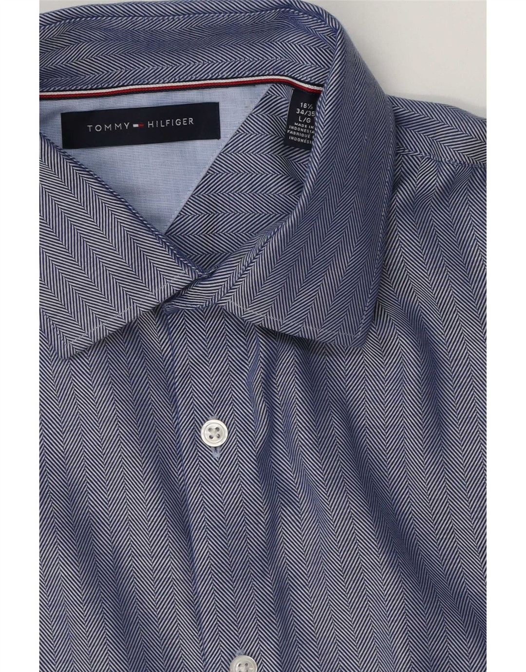 Tommy Hilfiger Mens Shirt Size 16 1/2 Large Blue Herringbone Cotton