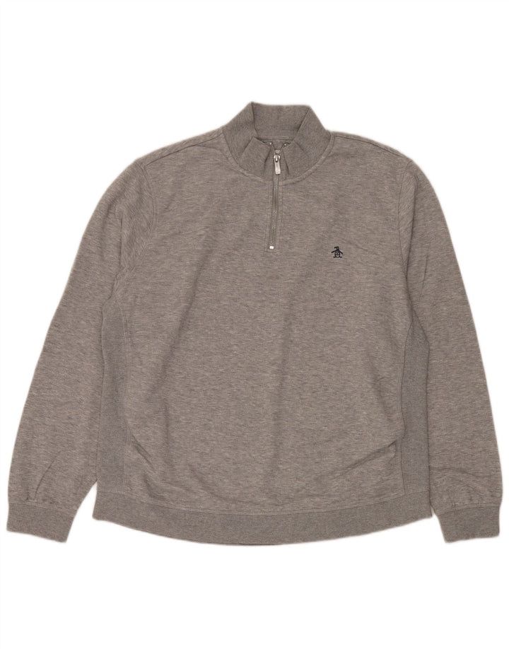 Penguin Mens Zip Neck Sweatshirt Jumper XL Grey Cotton