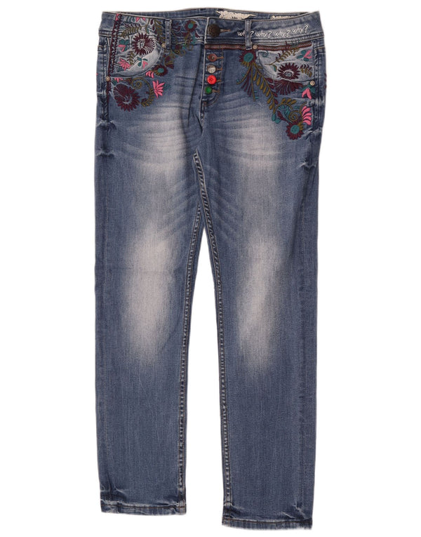 Desigual Womens Low Waist Slim Jeans W30 L30 Blue Floral Cotton