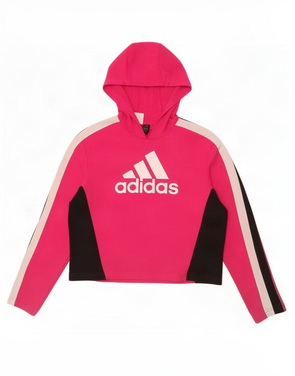 Adidas Girls Crop Graphic Hoodie Jumper 13-14 Years Pink Colourblock