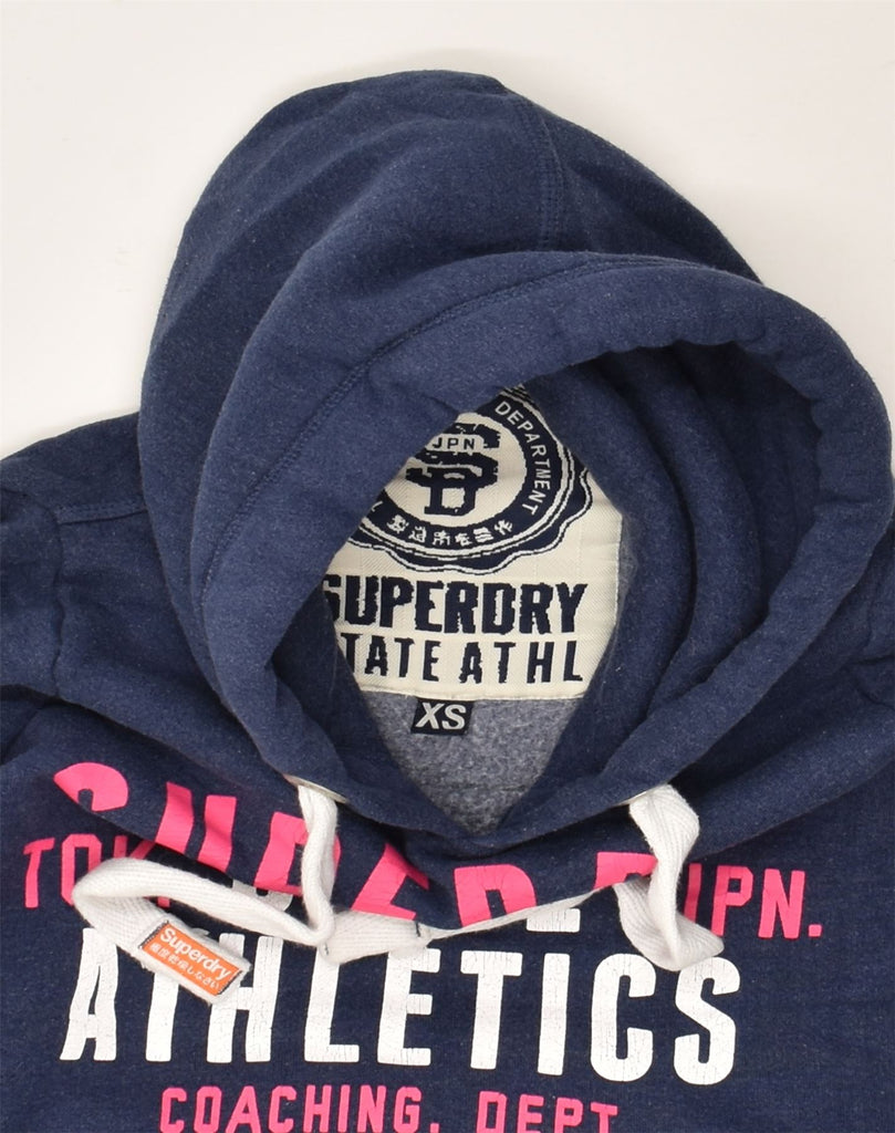 SUPERDRY Womens Graphic Hoodie Jumper UK 4 XS Navy Blue Cotton | Vintage Superdry | Thrift | Second-Hand Superdry | Used Clothing | Messina Hembry 