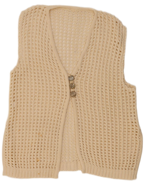 Vintage Womens Sleeveless Crochet Cardigan Sweater UK 20 2XL Beige Cotton