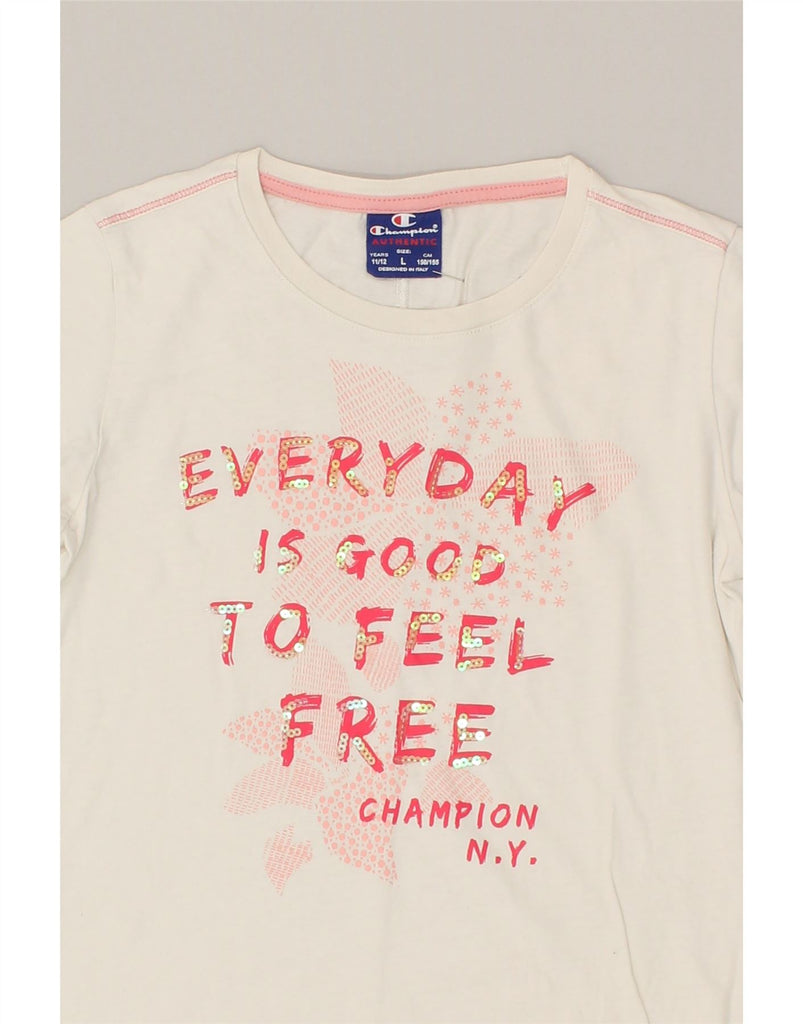 CHAMPION Girls Graphic T-Shirt Top 11-12 Years Large  White Cotton | Vintage Champion | Thrift | Second-Hand Champion | Used Clothing | Messina Hembry 