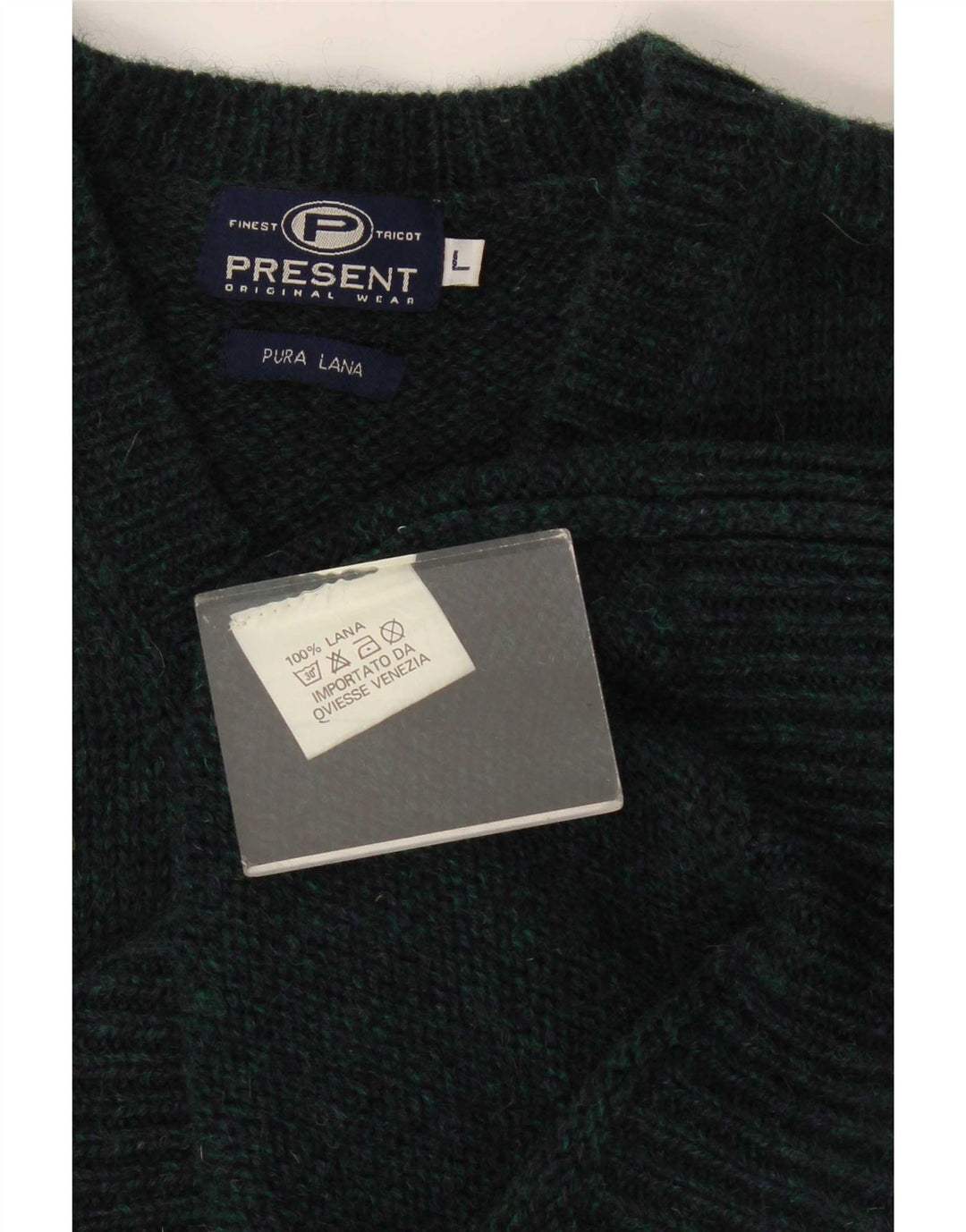 Vintage Mens V-Neck Jumper Sweater Large Green Striped Wool