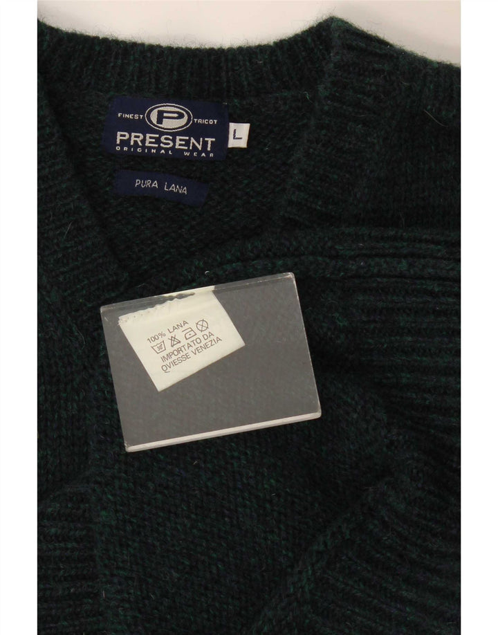 Vintage Mens V-Neck Jumper Sweater Large Green Striped Wool