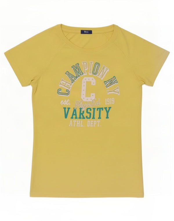 Champion Womens Graphic T-Shirt Top UK 14 Large Yellow Cotton