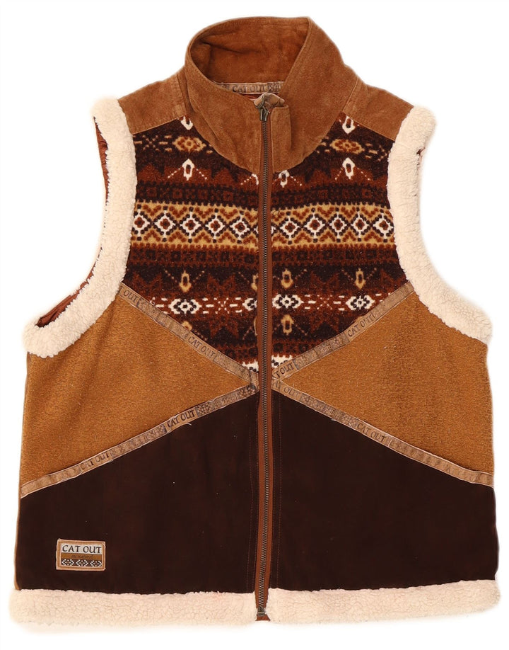 Vintage Womens Suede Gilet UK 14 Medium Brown Geometric Leather
