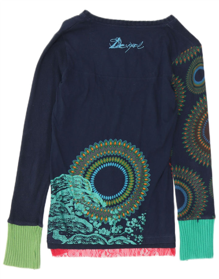 Desigual Womens Graphic Top Long Sleeve UK 12 Medium Navy Blue Cotton