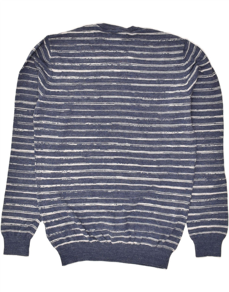 WRANGLER Mens V-Neck Jumper Sweater Large Navy Blue Striped Cotton | Vintage Wrangler | Thrift | Second-Hand Wrangler | Used Clothing | Messina Hembry 