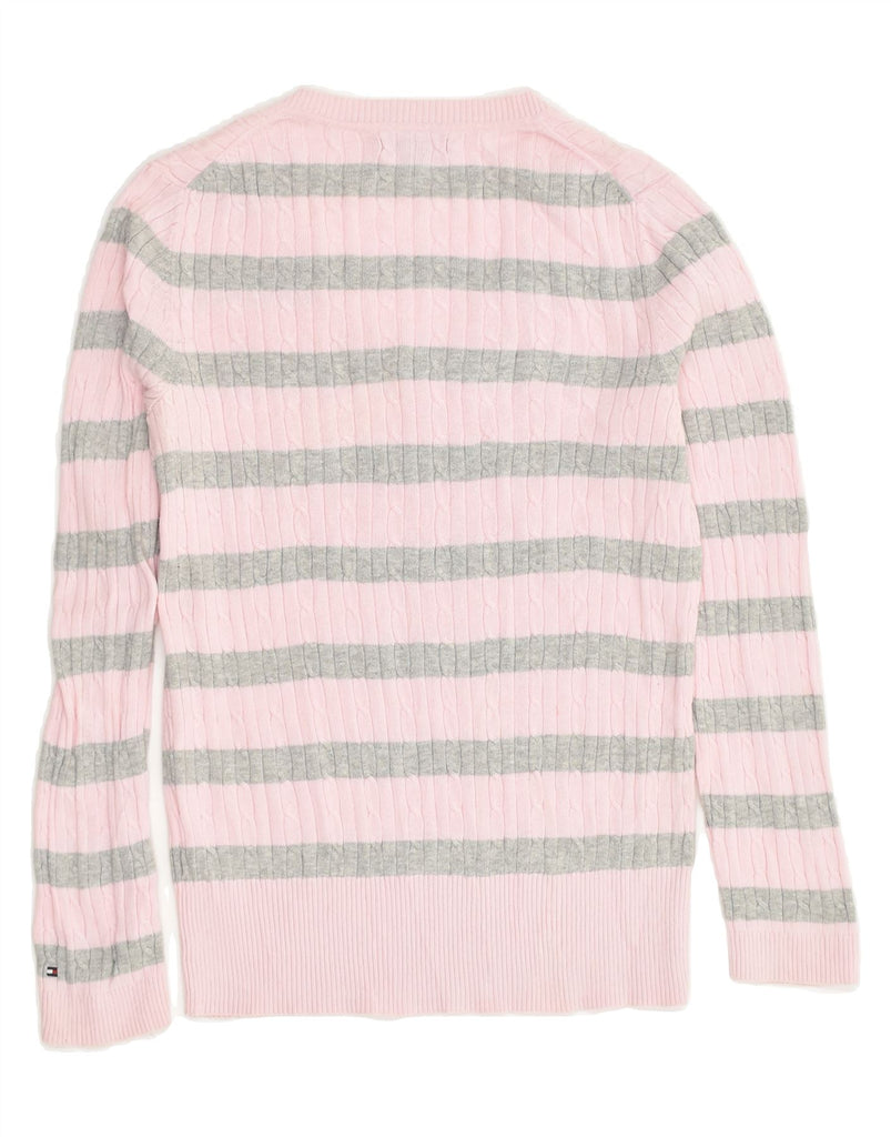 TOMMY HILFIGER Womens V-Neck Jumper Sweater UK 14 Large Pink Striped | Vintage Tommy Hilfiger | Thrift | Second-Hand Tommy Hilfiger | Used Clothing | Messina Hembry 