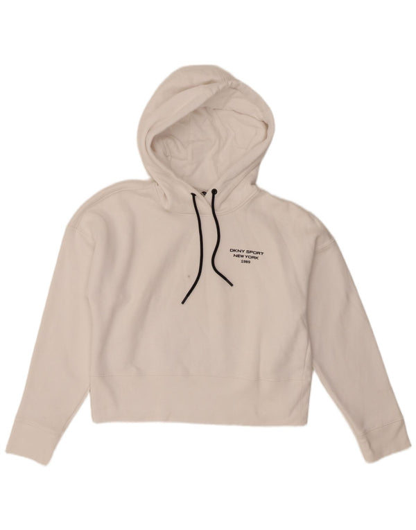 Dkny Womens Crop Hoodie Jumper UK 14 Medium White Cotton