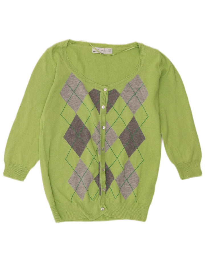 Zara Womens Cardigan Sweater UK 12 Medium Green Argyle/Diamond Cotton