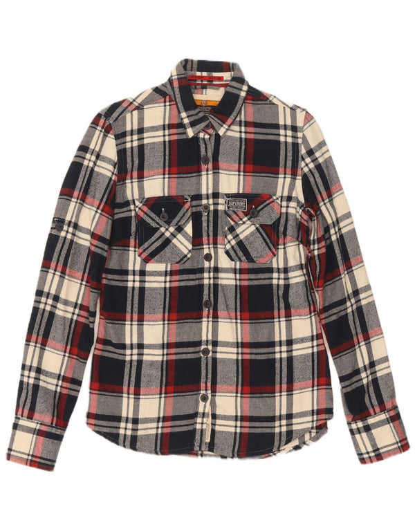 Superdry Womens Flannel Shirt UK 10 Small Navy Blue Check Cotton