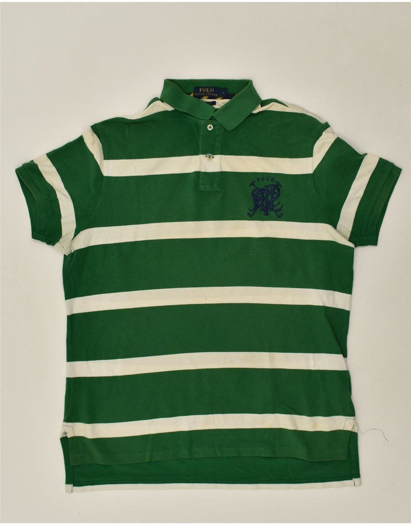 POLO RALPH LAUREN Mens Custom Fit Polo Shirt Large Green Striped Cotton Vintage Polo Ralph Lauren and Second-Hand Polo Ralph Lauren from Messina Hembry 