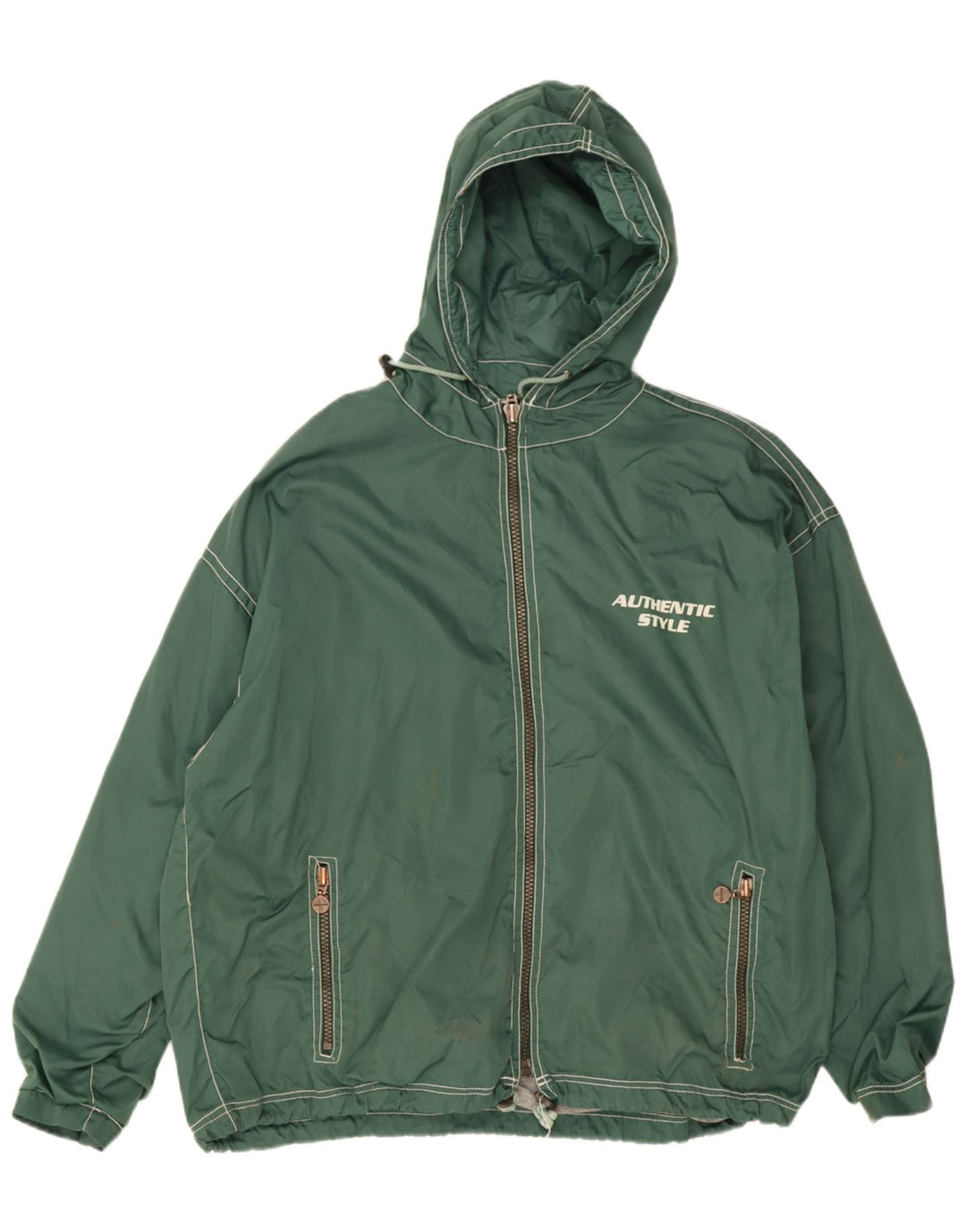 Authentic Mens Graphic Hooded Windbreaker Jacket UK 40 Large Green Nylon