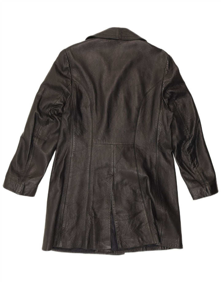 VINTAGE Womens Double Breasted Leather Coat UK 14 Medium Black