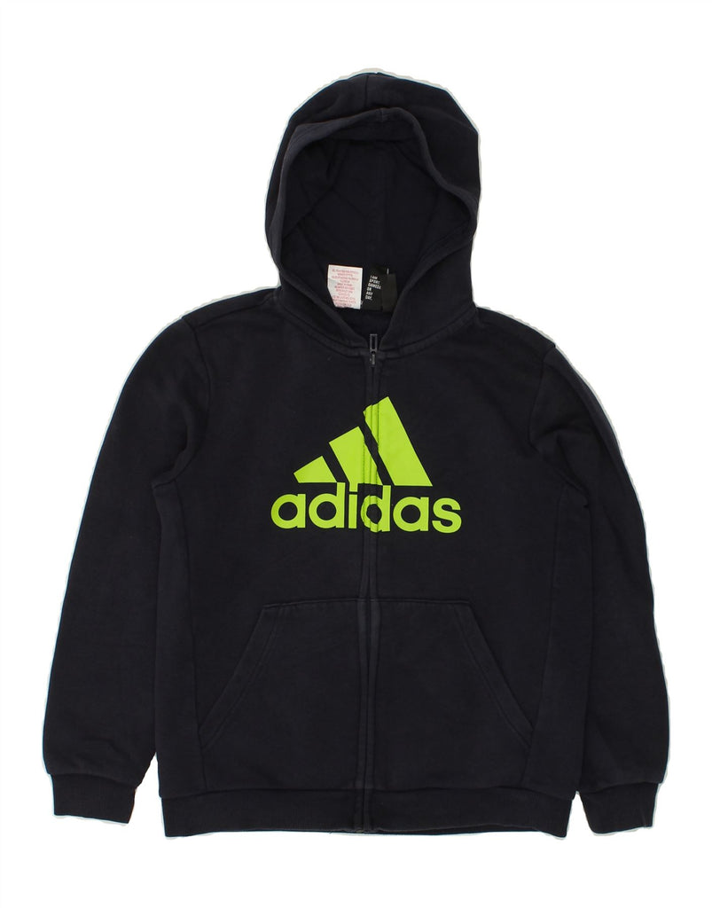 ADIDAS Boys Graphic Zip Hoodie Sweater 11-12 Years Navy Blue Cotton | Vintage Adidas | Thrift | Second-Hand Adidas | Used Clothing | Messina Hembry 