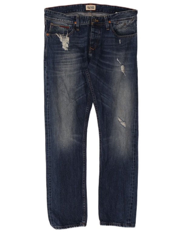 Tommy Hilfiger Mens Distressed Straight Jeans W32 L30 Navy Blue Cotton