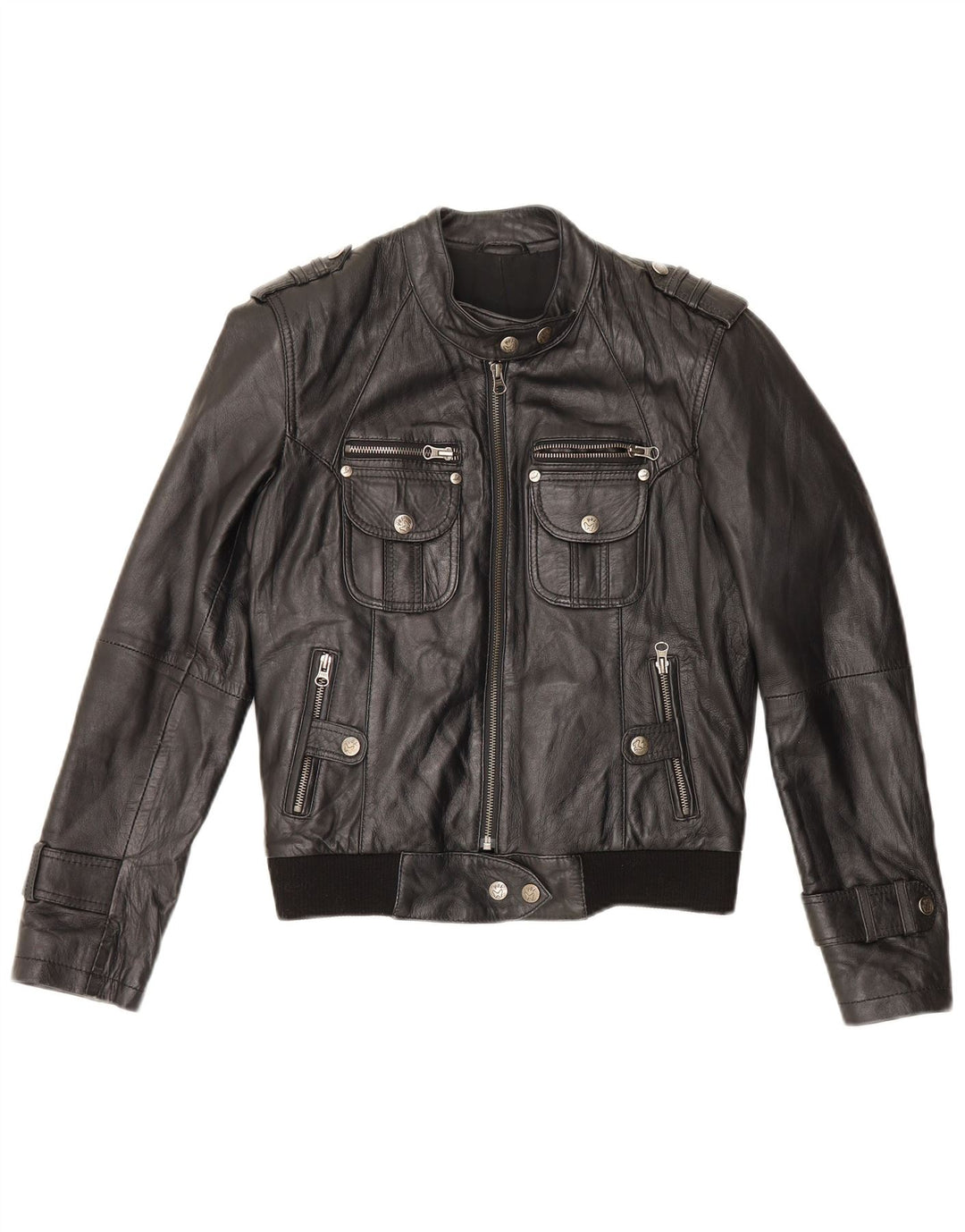 Vintage Womens Military Leather Racer Jacket UK 12 Medium Black Leather