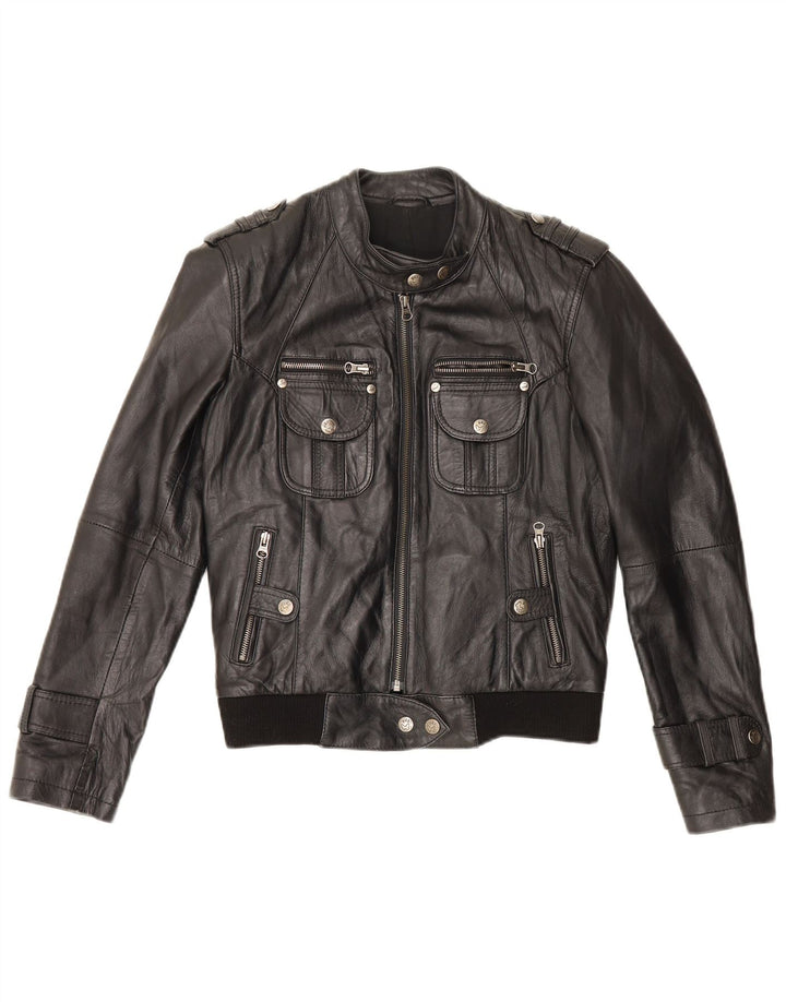 Vintage Womens Military Leather Racer Jacket UK 12 Medium Black Leather