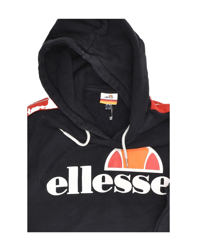 ELLESSE Womens Crop Graphic Hoodie Jumper UK 8 Small Black Cotton | Vintage Ellesse | Thrift | Second-Hand Ellesse | Used Clothing | Messina Hembry 