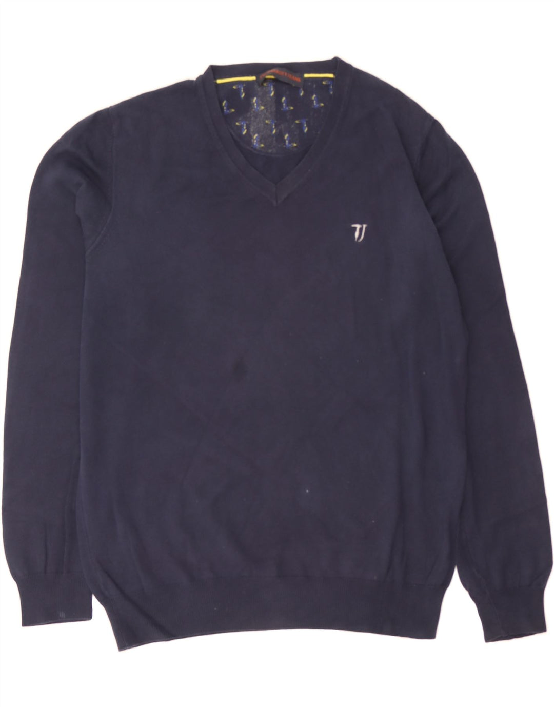 TRUSSARDI JEANS Mens V-Neck Jumper Sweater Medium Navy Blue Cotton Vintage Trussardi Jeans and Second-Hand Trussardi Jeans from Messina Hembry 