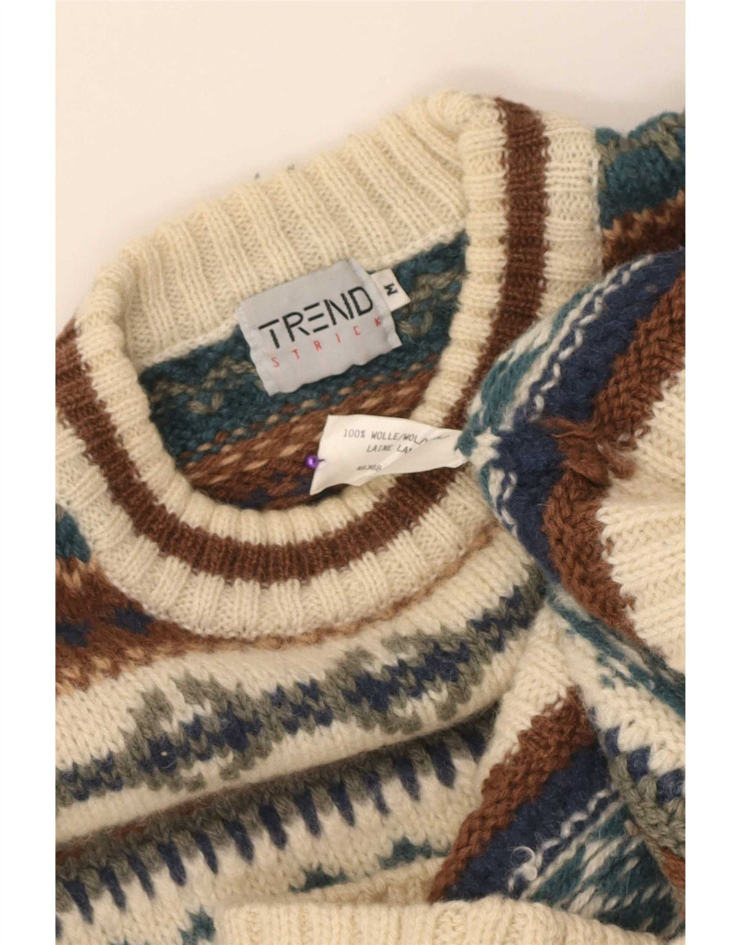 Vintage Mens Crew Neck Jumper Sweater Medium Beige Fair Isle Wool