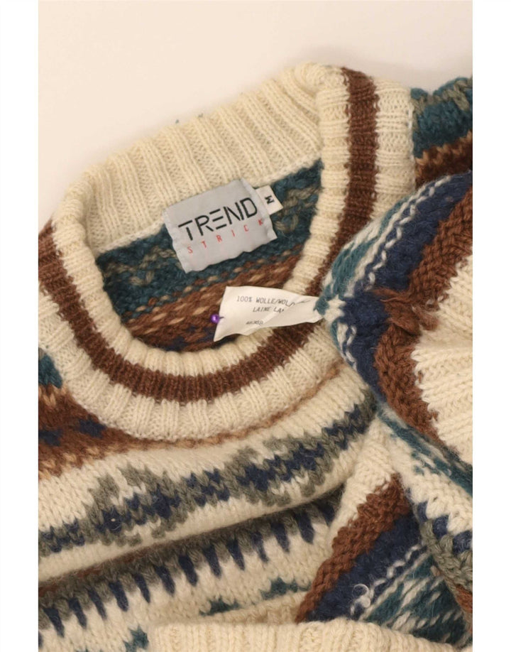 Vintage Mens Crew Neck Jumper Sweater Medium Beige Fair Isle Wool