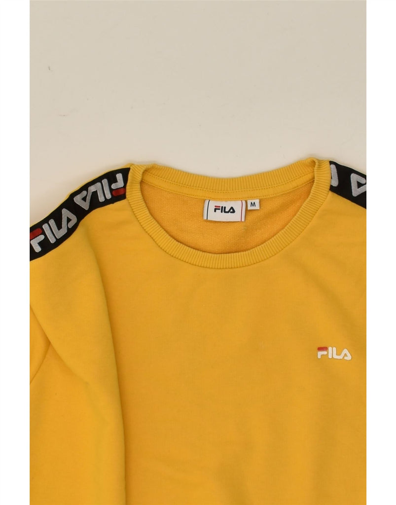 FILA Womens Loose Fit Graphic Sweatshirt Jumper UK 14 Medium Yellow Cotton | Vintage Fila | Thrift | Second-Hand Fila | Used Clothing | Messina Hembry 