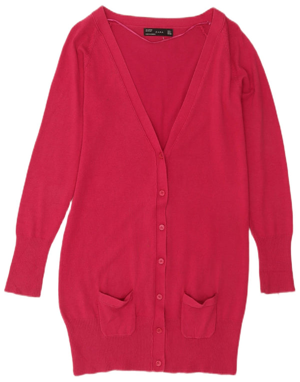 Zara Womens Longline Cardigan Sweater UK 14 Large Pink Cotton