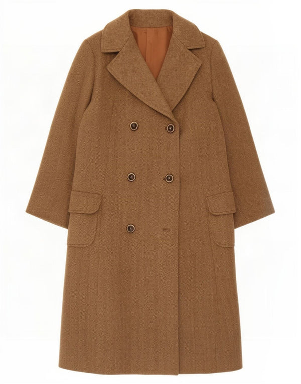 Vintage Womens Double Breasted Coat UK 14 Large Beige Herringbone