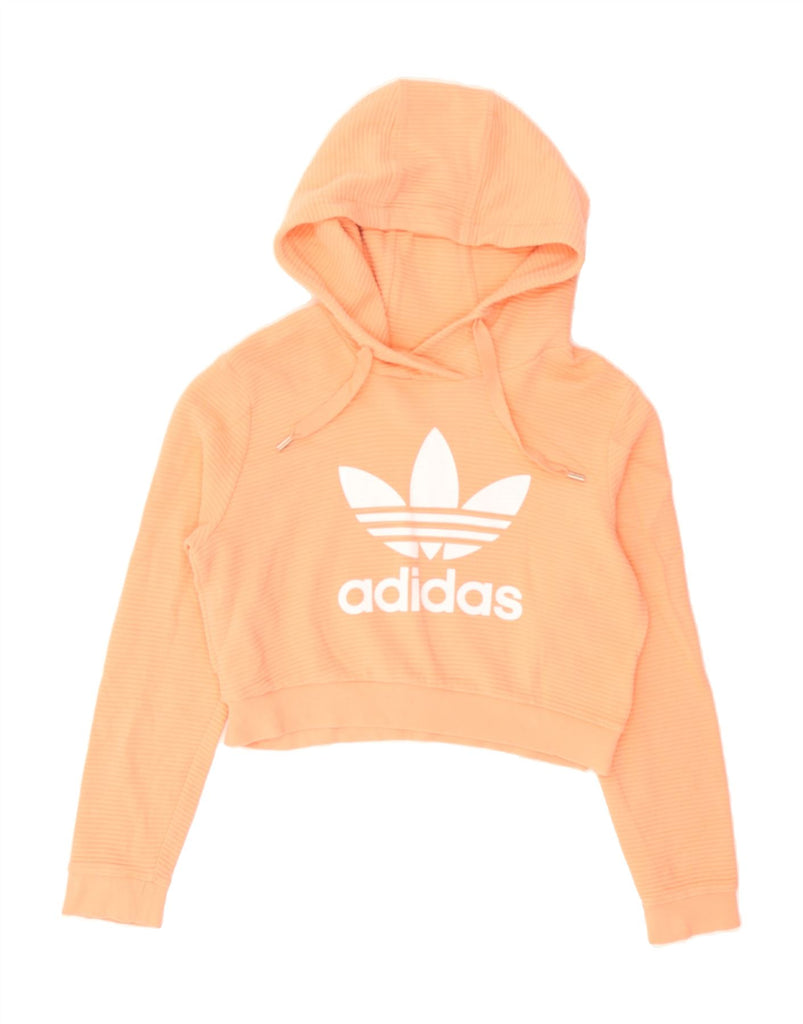 ADIDAS Womens Oversized Crop Hoodie Jumper UK 8 Small Orange Pinstripe Vintage Adidas and Second-Hand Adidas from Messina Hembry 
