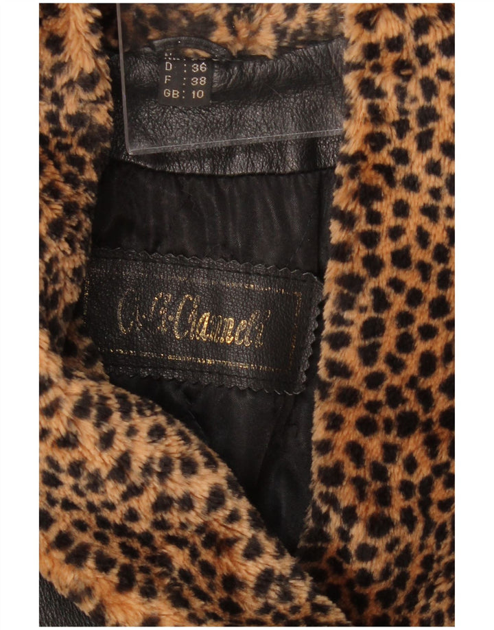 VINTAGE Womens Oversized Leather Coat UK 10 Small Black Animal Print