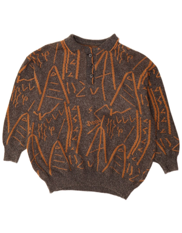 Vintage Womens Abstract Pattern Polo Neck Jumper Sweater UK 16 Large Grey