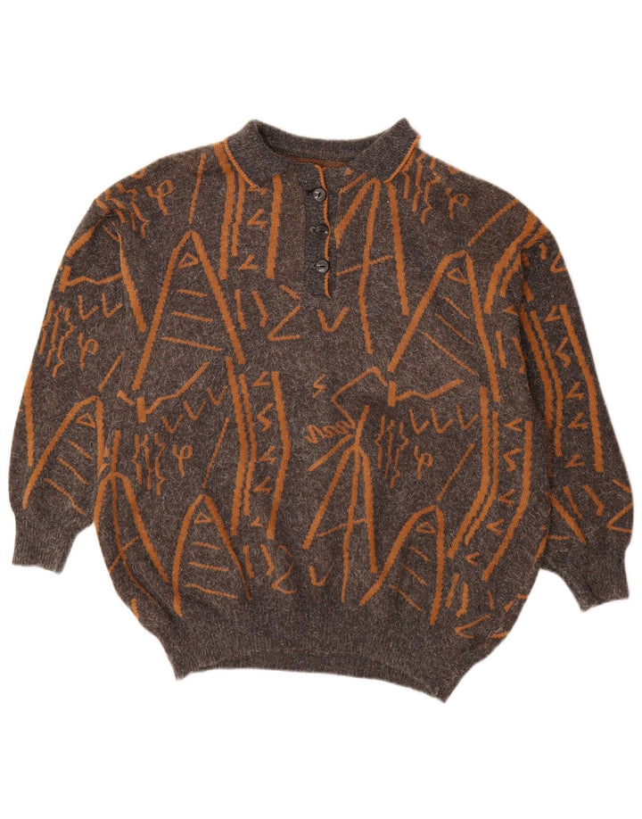 Vintage Womens Abstract Pattern Polo Neck Jumper Sweater UK 16 Large Grey