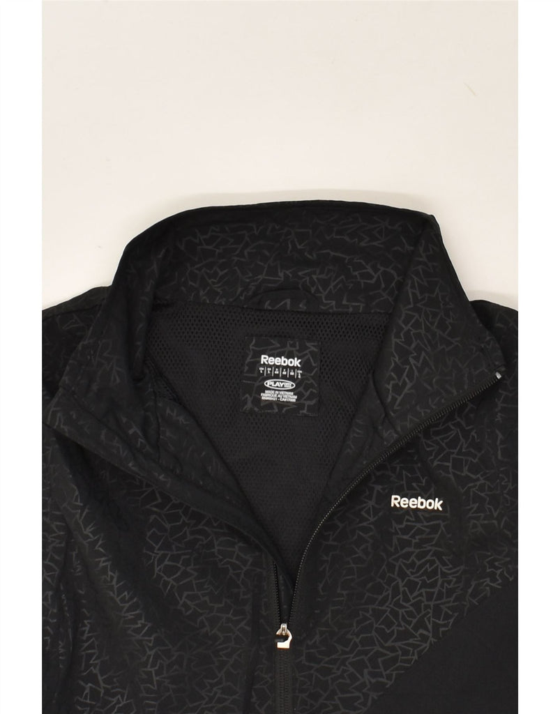 REEBOK Womens Graphic Tracksuit Top Jacket UK 16 Large Black Polyester | Vintage Reebok | Thrift | Second-Hand Reebok | Used Clothing | Messina Hembry 