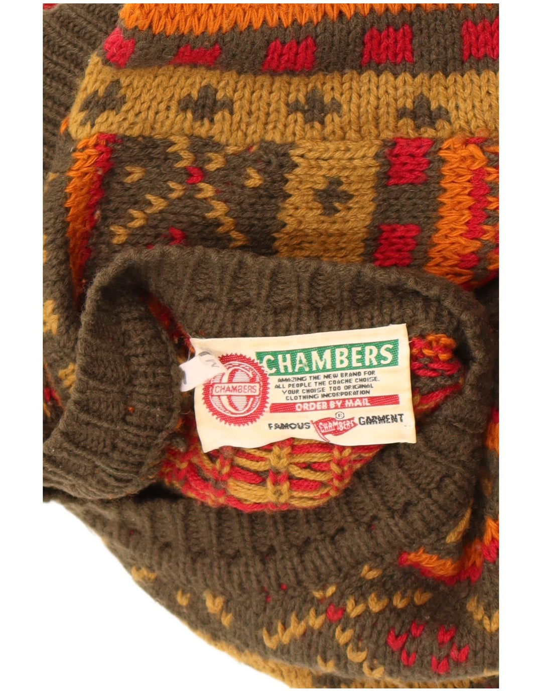 Chambers Mens Crew Neck Jumper Sweater Medium Green Geometric Wool