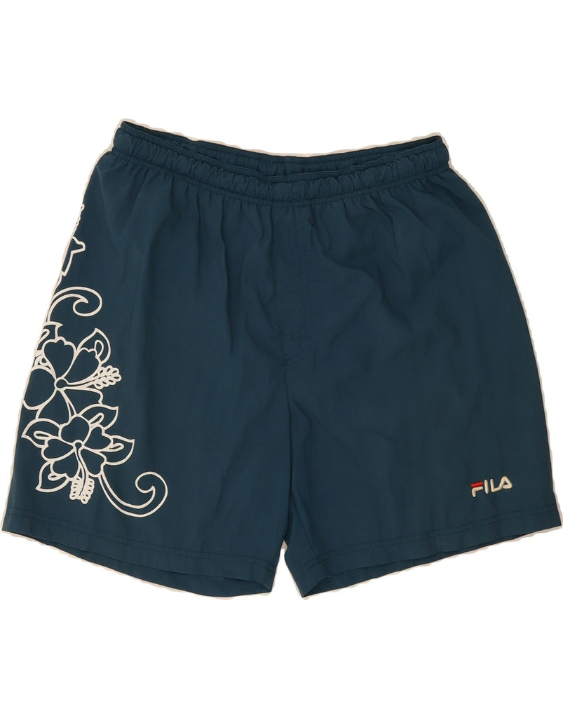 FILA Womens Sport Shorts UK 14 Large  Blue Floral Nylon Vintage Fila and Second-Hand Fila from Messina Hembry 