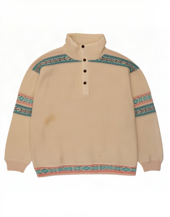 Silvy Mens Button Neck Fleece Jumper Large Off White Fair Isle Polyester