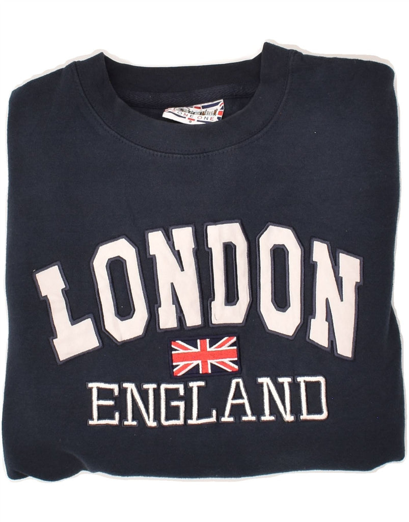 VINTAGE Mens London Graphic Sweatshirt Jumper Small Navy Blue Cotton | Vintage Vintage | Thrift | Second-Hand Vintage | Used Clothing | Messina Hembry 