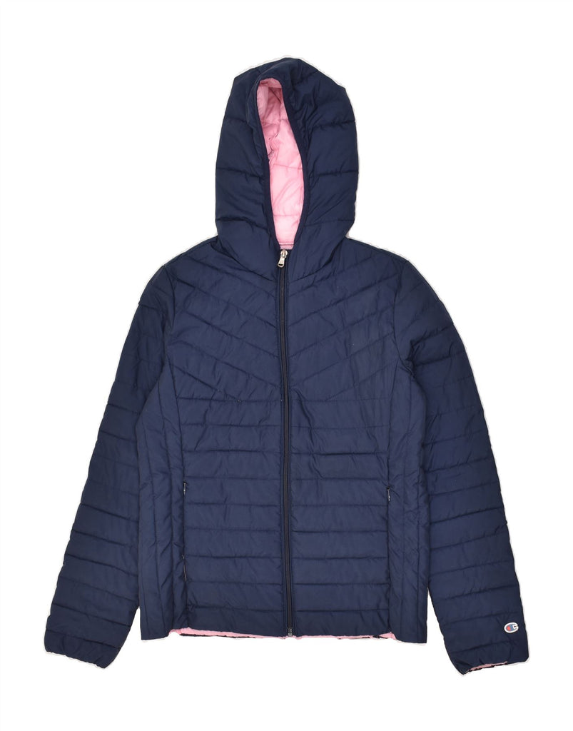 CHAMPION Girls Hooded Padded Jacket 11-12 Years Large Navy Blue Vintage Champion and Second-Hand Champion from Messina Hembry 