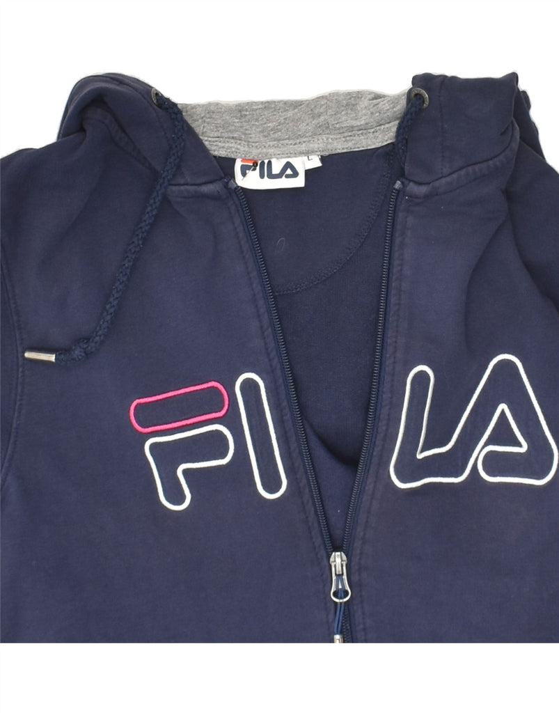 FILA Womens Graphic Zip Hoodie Sweater UK 14 Large Navy Blue Cotton Vintage Fila and Second-Hand Fila from Messina Hembry 