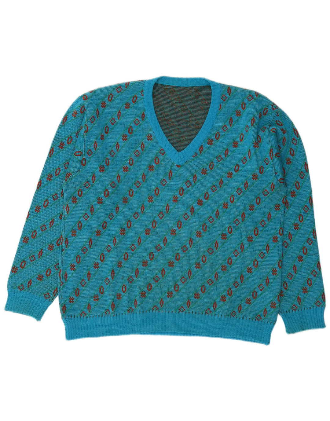 Vintage Mens V-Neck Jumper Sweater Large Blue Geometric Wool