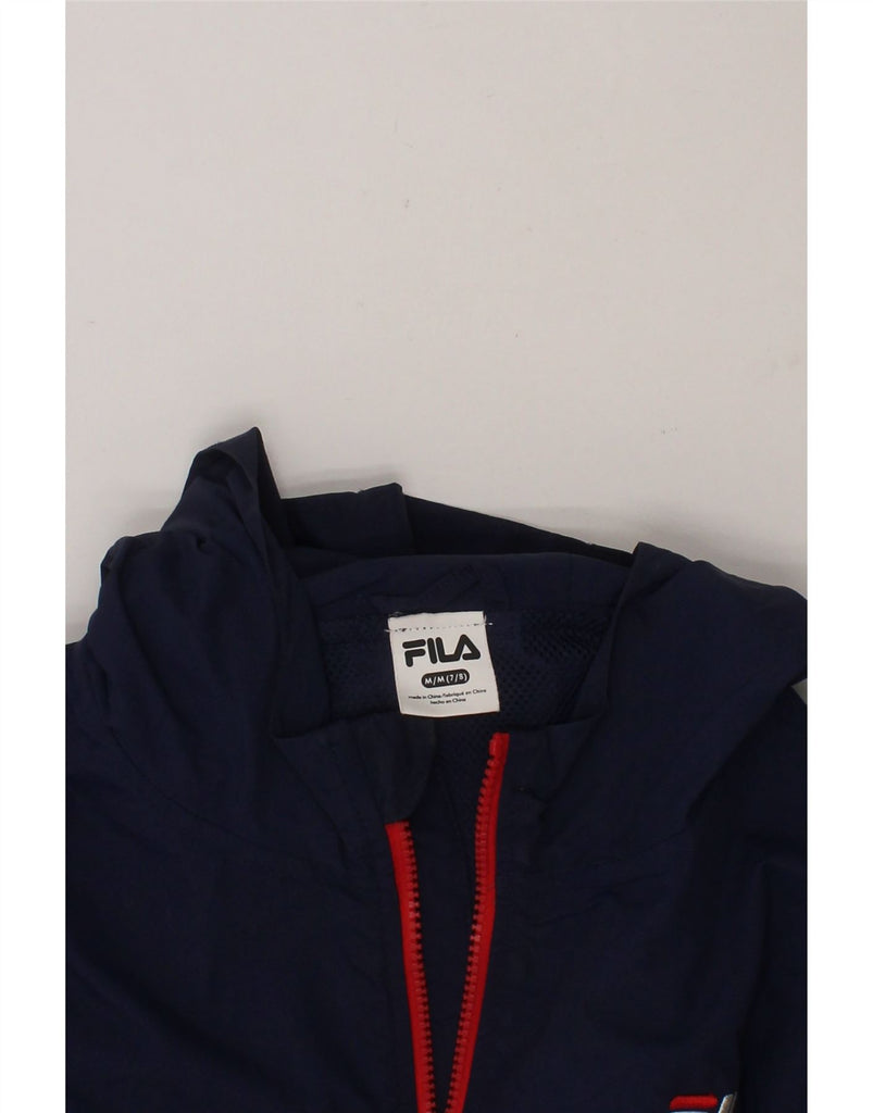 FILA Boys Graphic Hooded Tracksuit Top Jacket 7-8 Years Medium Navy Blue Vintage Fila and Second-Hand Fila from Messina Hembry 