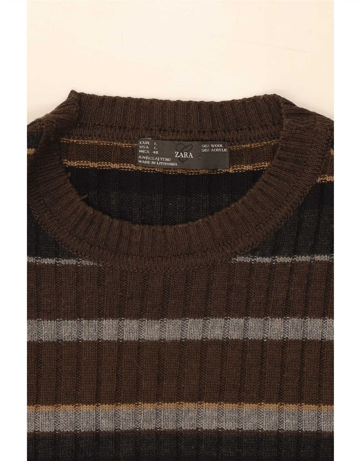 Zara Mens Crew Neck Jumper Sweater Large Brown Striped Wool